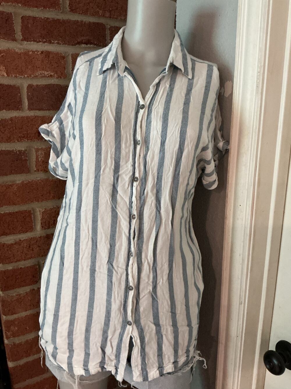 Striped Button Down Shirt Dress Tunic Blue White Medium Coastal